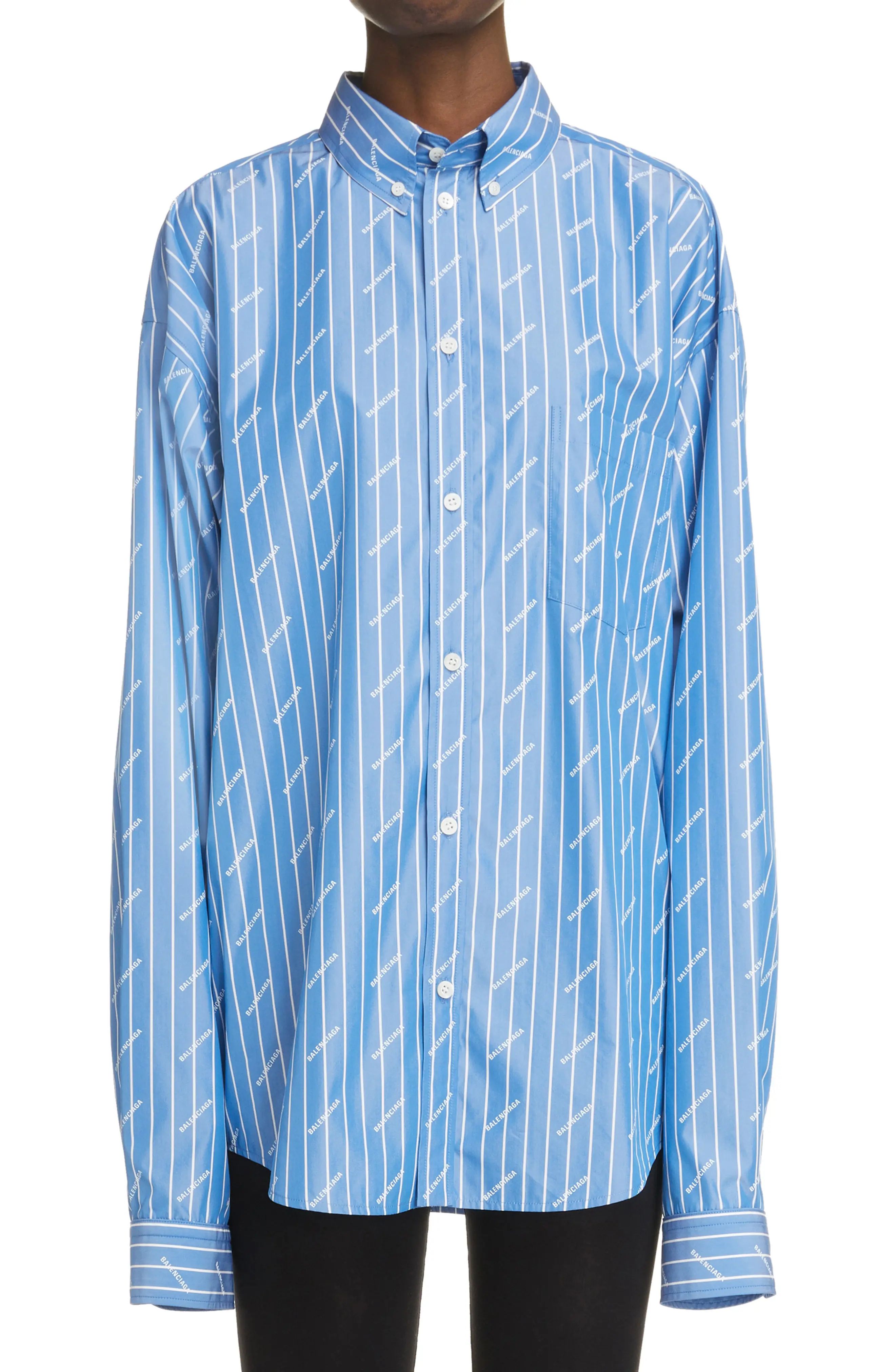 Balenciaga Logo Stripe Oversize Cotton Blend Button-Down Shirt in Blue/White/White at Nordstrom, Siz | Nordstrom
