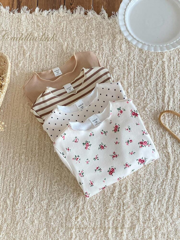 4pcs Girls Toddler Polka Dot, Floral, Ribbed Print Apricot Base Paired With Khaki Solid Ribbed Kn... | SHEIN