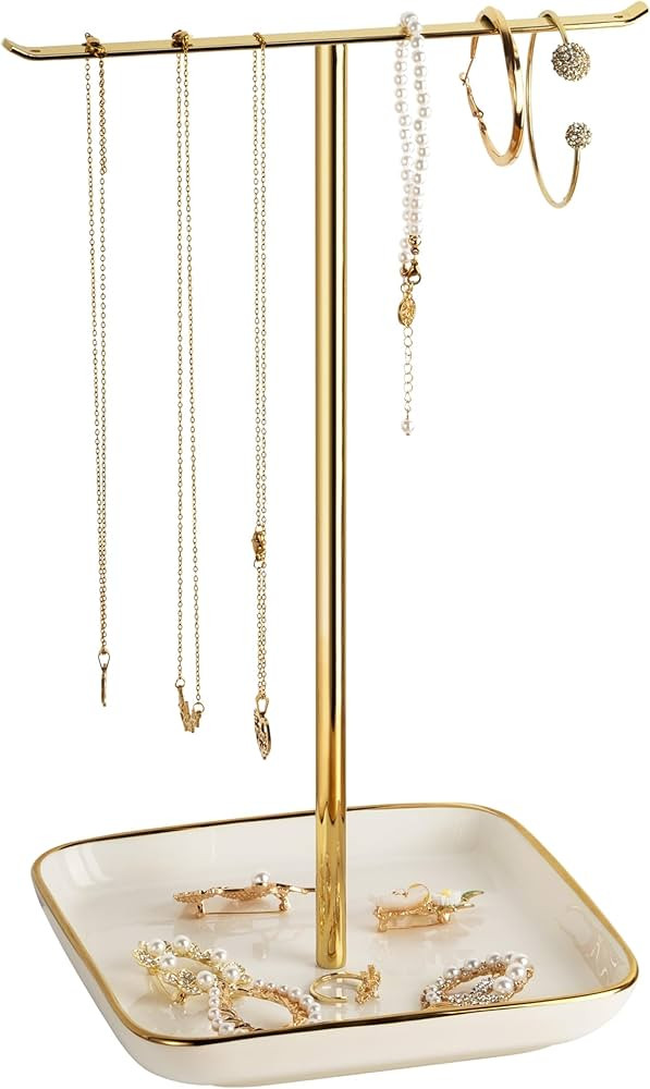Jewelry Holder Stand with Ceramic Base: 12" Tall Necklace Organizer Rack, Tree Design Display Sto... | Amazon (US)