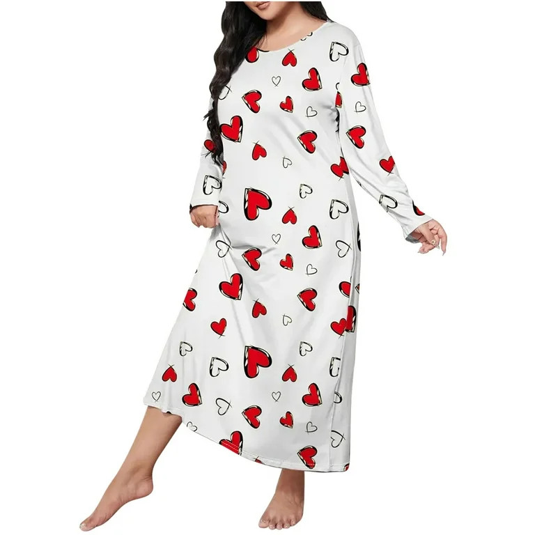 Jalioing Pajamas Nightdress for Women Plus Size Pullover Nightgown Heart Printed Long Sleeve Slee... | Walmart (US)