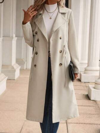 SHEIN LUNE Lapel Neck Double Breasted Belted Trench Coat | SHEIN