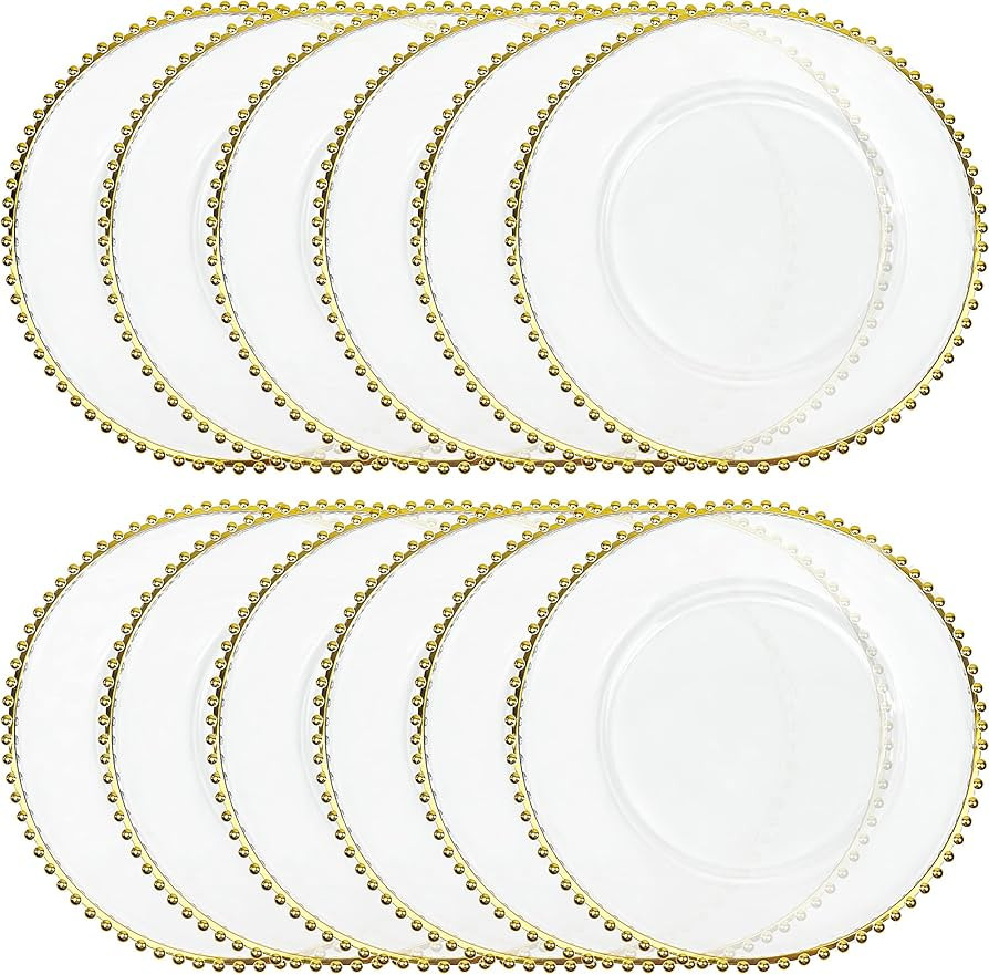 Maiangel Acrylic Gold Beaded Clear Charger Plates 13" In Bulk Wedding Set of 12, Round Plastic Ch... | Amazon (US)