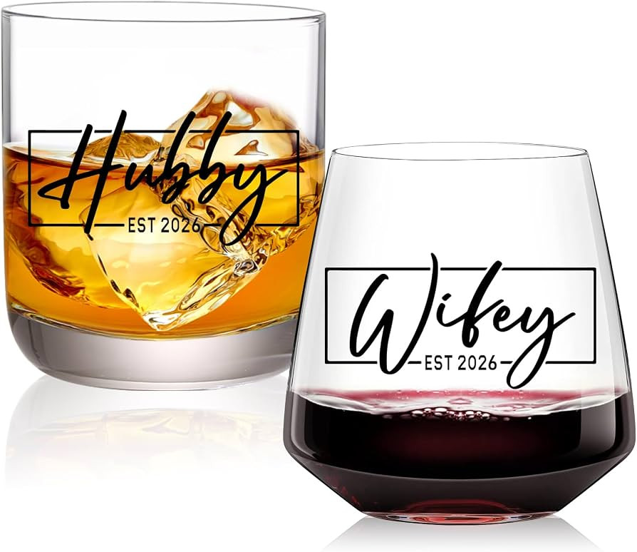 comfit Wedding Gifts for Couples 2026,Hubby & Wifey Wine&Whiskey Glass Set,Bridal Shower Gifts fo... | Amazon (US)