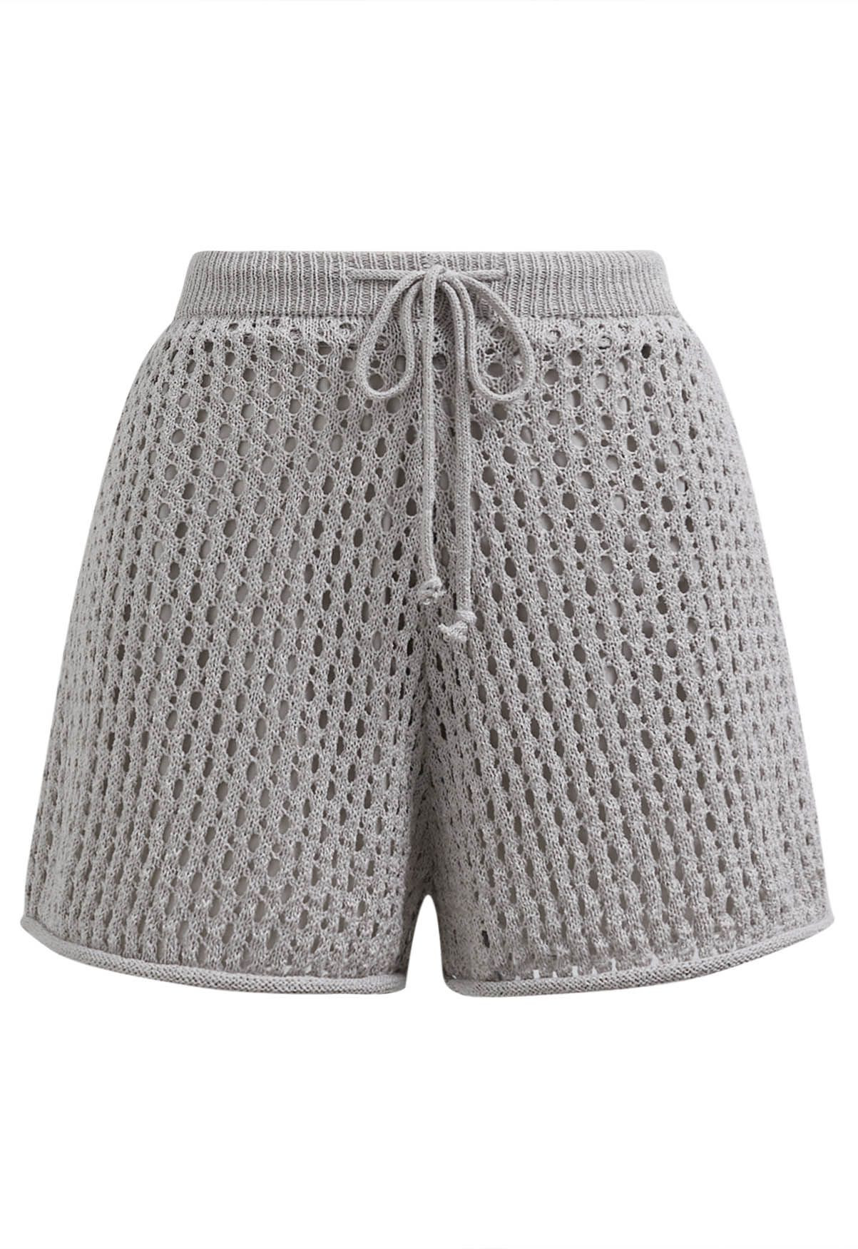 Hollow Out Tie-String Rolled Knit Shorts in Grey | Chicwish