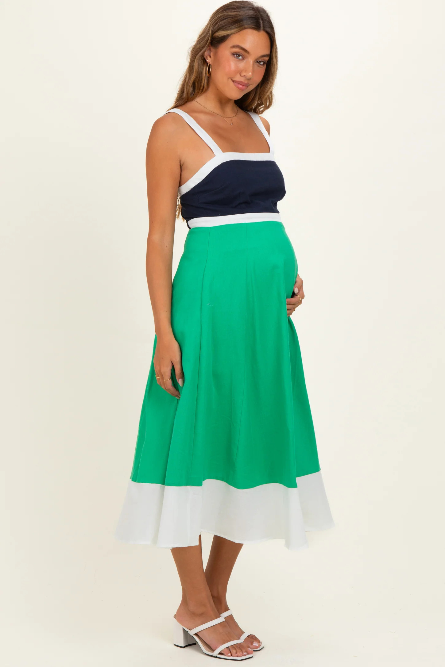 Navy Green Colorblock Sleeveless Maternity Midi Dress | PinkBlush Maternity