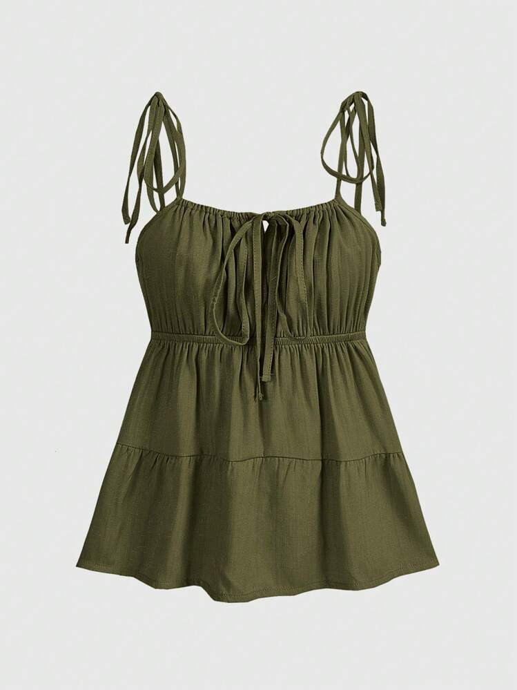 ROMWE Kawaii Top Babydoll De Alça Para Mulheres Com Nó Na Frente, Franzido E Bainha Com Babado, Em Cor Sólida Para Verão | SHEIN