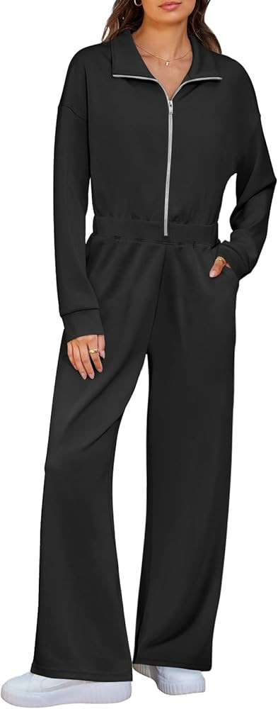 MEROKEETY Women's Long Sleeve Zip Up Jumpsuits 2024 Wide Leg Jogger Sweatpants One Piece Outfit R... | Amazon (US)