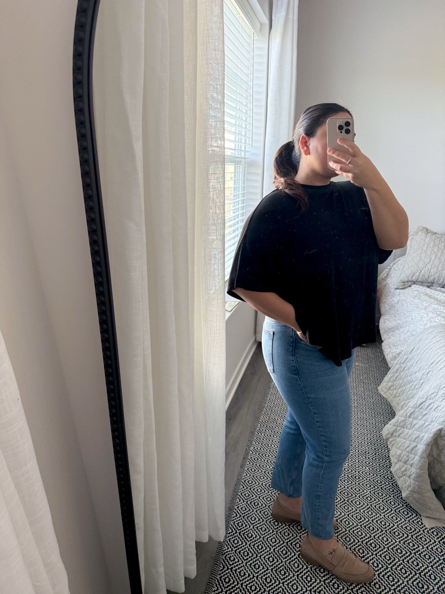 Casual work outfit with a classic flowy black t shirt, ankle jeans and loafers 

Loafers are older Style & Co - similar linked
Jeans are size 31 
Top is Holley Girl - similar linked 

#LTKWorkwear #LTKMidsize #LTKStyleTip