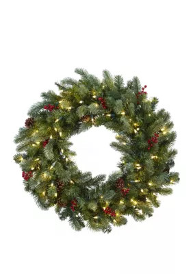 Nearly Natural 30 in Lighted Pine Wreath with Berries and Pine Cones | Belk