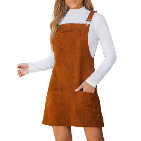 CUPSHE Women s Corduroy Dress With Front Bib Pockets Square Neck Mini Overalls Style | Walmart (US)