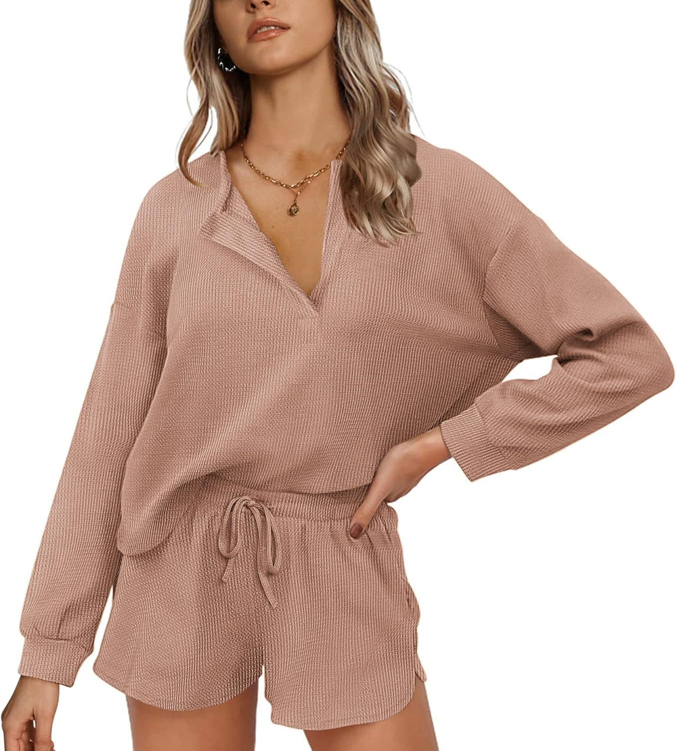 Ekouaer Pajamas Womens Waffle Knit Lounge Set Long Sleeve Top and Shorts 2 Piece Loungewear Outfi... | Amazon (US)