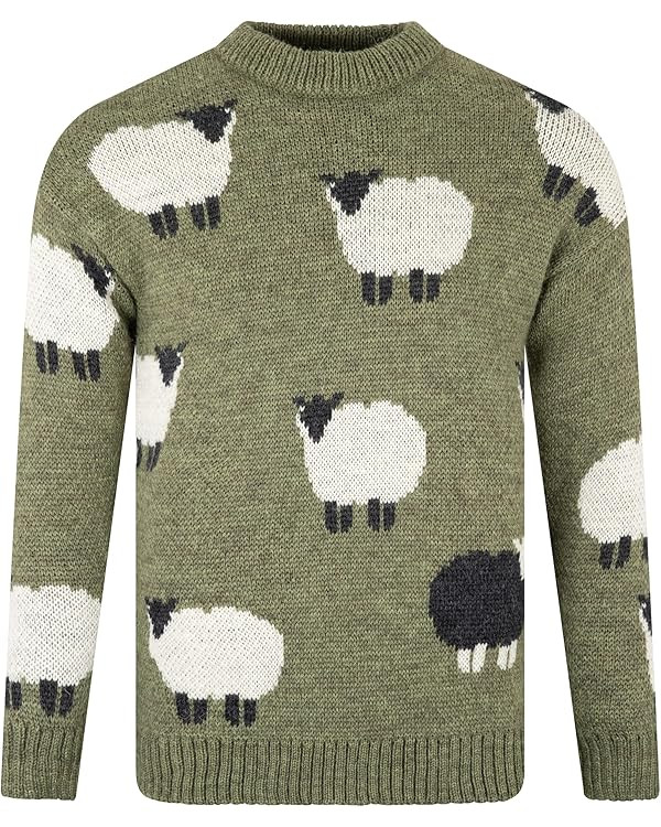 Sheep Design Unisex Cable Knitted Jumper, 100% Wool Crew Neck Winter Sweater with Black Sheep Pat... | Amazon (UK)