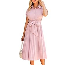 ECOWISH Womens Casual Midi Dresses Solid V Neck Short Sleeve Button Shirt Belted Dress with Pocke... | Amazon (US)