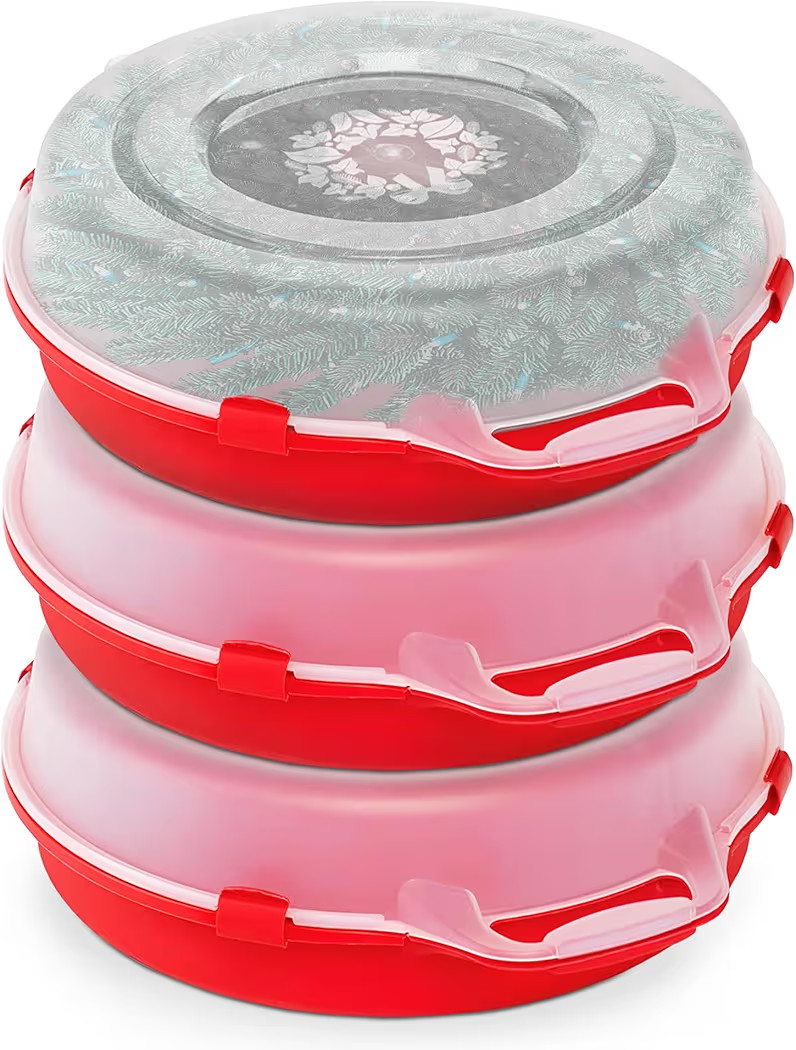 HOMZ 3-Pack Seasonal Holiday Decorative Wreath Storage Organizer, 24 Inch, Red & Clear - Round Pl... | Amazon (US)