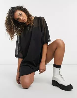 ASOS DESIGN short sleeve mesh mix t-shirt dress in black | ASOS (Global)