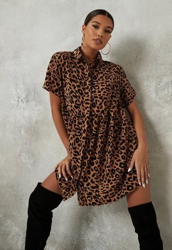 Missguided - Brown Leopard Print Oversized Shirt Smock Dress | Missguided (US & CA)