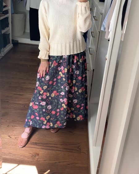 I always feel so beautiful in this skirt. It works with so many different tops and it’s so lightweight so it will be perfect all summer long. The stretchy waist is super comfortable. I have a size small. 

It’s great for postpartum especially if you had a C-section like me because it doesn’t irritate my scar.

I also linked the other Hillhouse dress that I have that you HAVE to buy if you’re placing an order. It’s absolutely gorgeous. 

I am typically a 6 1/2 or a 7 in shoes and went for a 7 in these ballet flats. The sweater is a small  

#LTKStyleTip #LTKVideo #LTKSeasonal
