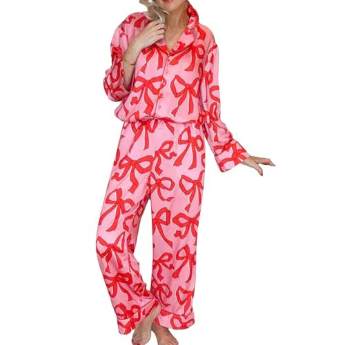 Tsultryofs Women Y2k Bow Pajama Set Two Piece Button Down Pj Outfits Cute Long Sleeve Shirt and Pant Matching Sets Sleepwear (Rosy Pink, M) | Amazon (US)