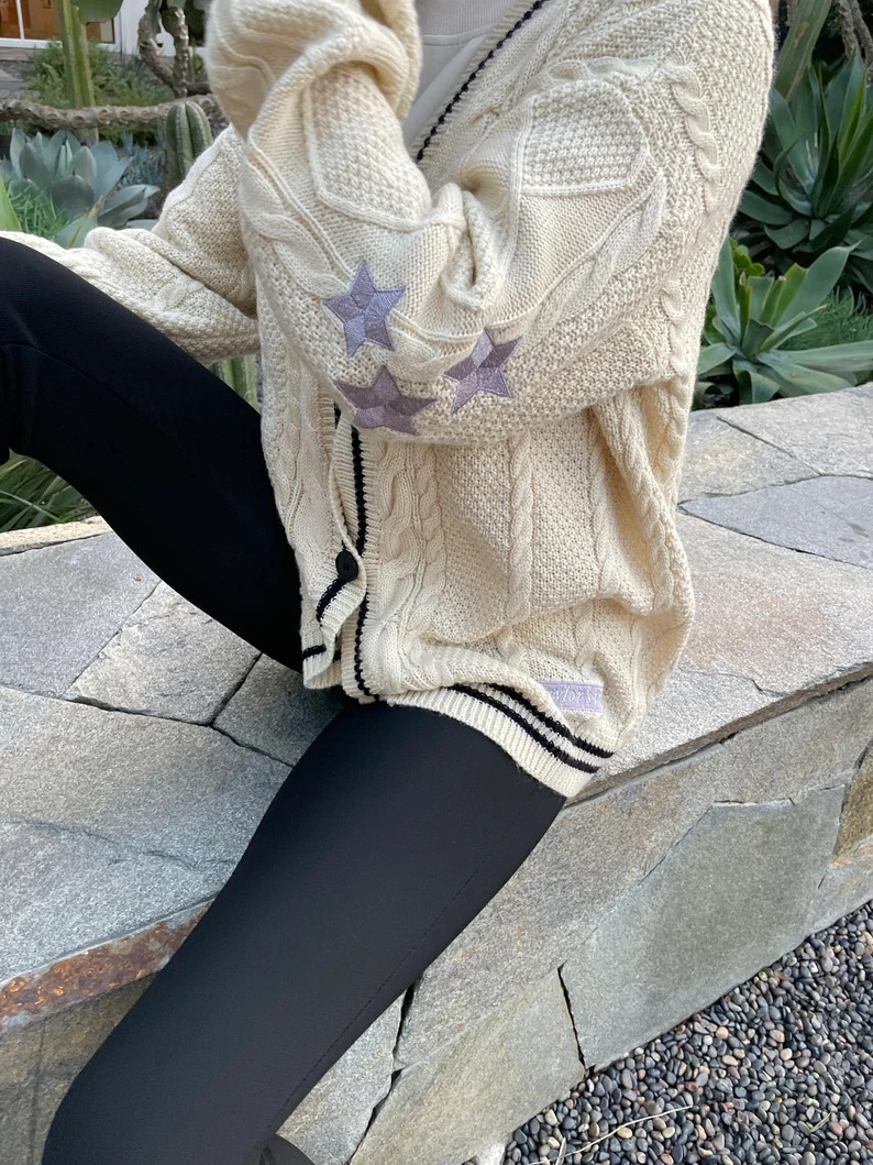 Folklore Cardigan Star Embroidered Merch Oversized Cute Hand Knitted Holiday Botton Up Sweater | Etsy (US)