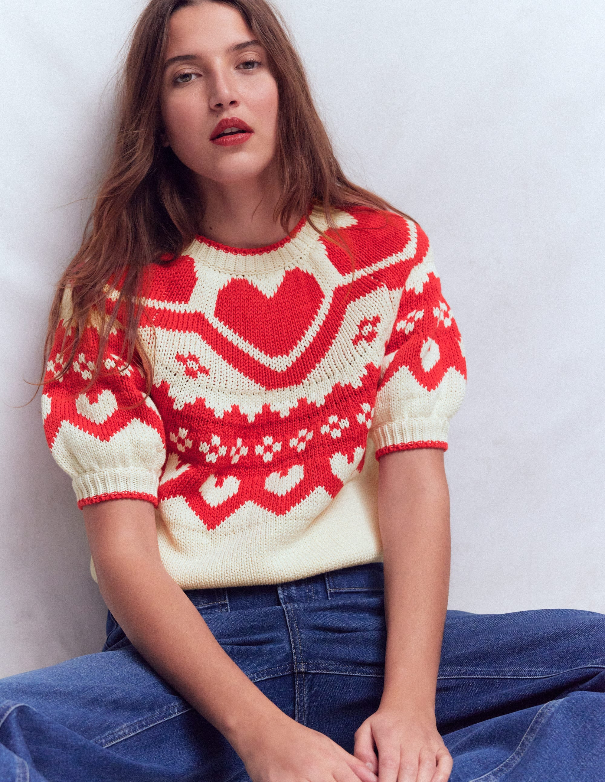 Margot Puff Sleeve T-Shirt-Warm Ivory Hearts | Boden (US)