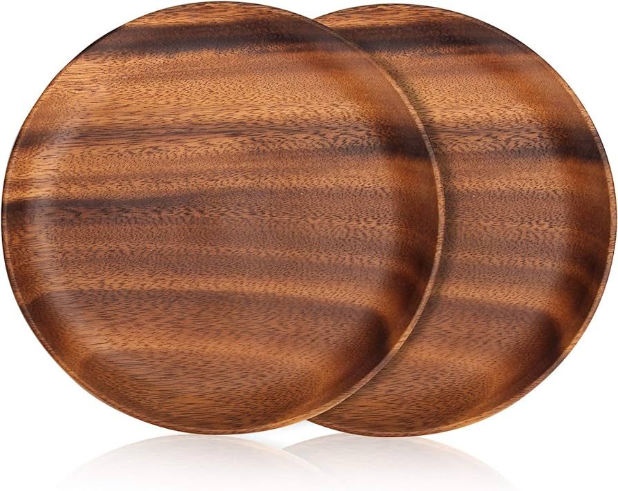 2 Pcs 10 Inch Acacia Wood Dinner Plates for Eating Wooden Round Charcuterie Boards Serving Platte... | Amazon (US)