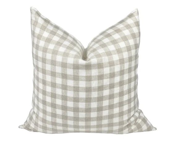 LAUREL | Cream and Tan Check Linen Pillow Cover, Neutral Pillow, Farmhouse Pillow, Gingham Pillow... | Etsy (US)