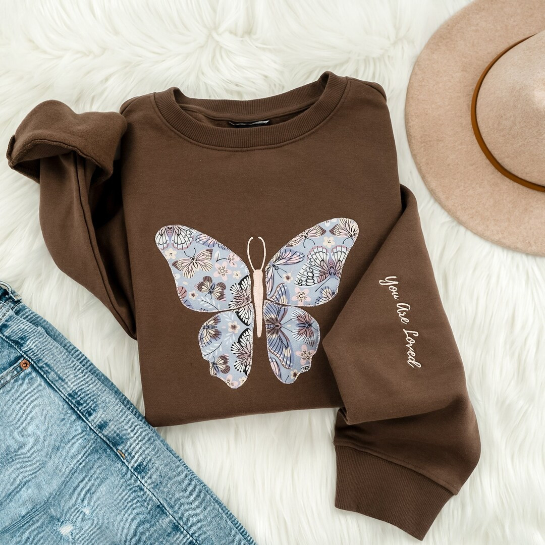 Embroidered Applique Butterfly Sweatshirt, Cute Embroidery Crewneck, Butterfly Lover Gift, Trendy... | Etsy (US)