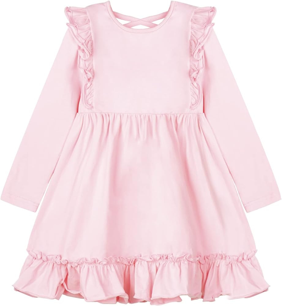 Mud Kingdom Long Sleeve Plain Swing Dress for Little Girls Backless Cotton | Amazon (US)