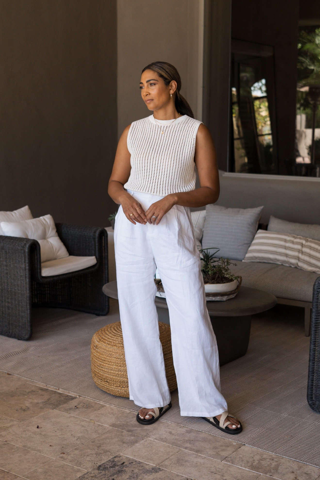 Crochet tank + linen trousers, both fit true to size.