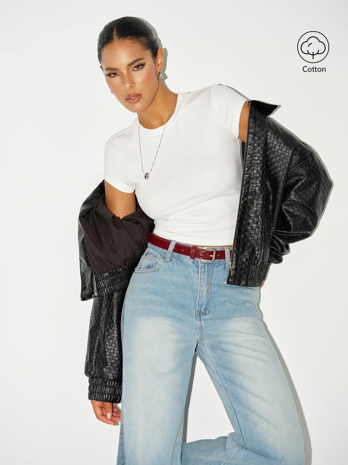 Ribbed Crew Neck Short Sleeve Cotton-Blend Top | Commense