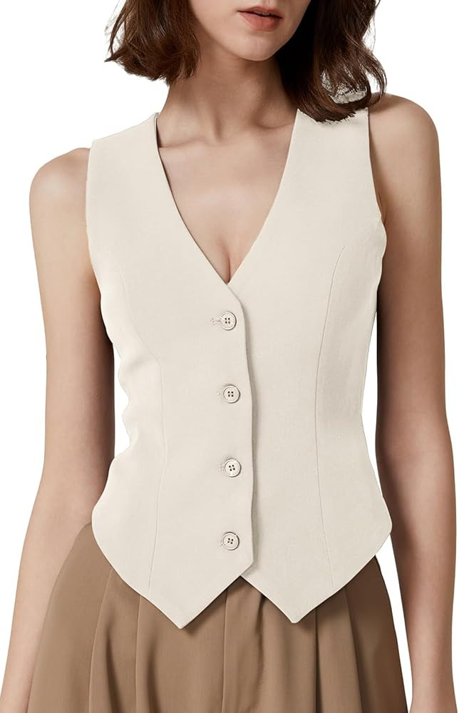 QINSEN Womens V Neck Vest Top Sleeveless Button Down Fully Lined Solid Going Out Crop Tops | Amazon (US)