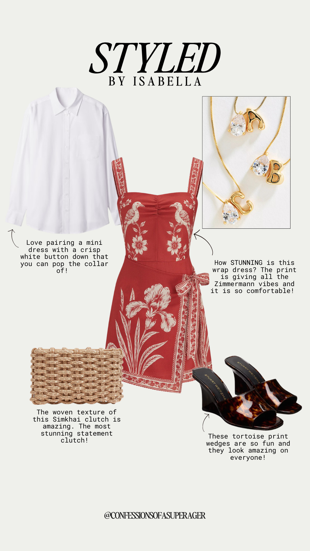 This red floral wrap dress is giving effortless European summer style ❤️🌸 The flattering silhouette, crisp white button-down layer, woven statement clutch, tortoiseshell wedges, and delicate gold jewelry make this the perfect vacation, brunch, date night, or summer event outfit. Such a chic, feminine look that feels timeless and elevated! Shop the entire look linked on LTK @confessionsofasuperager ✨ #LTKStyle #SummerStyle #FloralDress #WrapDress #VacationOutfit #ResortWear #EuropeanStyle #ClassicStyle #FashionOver40 #Over40Style #TimelessFashion #ChicStyle #SummerOutfit #DateNightOutfit #BrunchOutfit #CapsuleWardrobe #StatementAccessories #WedgeSandals #QuietLuxury #StyleInspiration

#LTKootd #LTKSeasonal #LTKSaleAlert