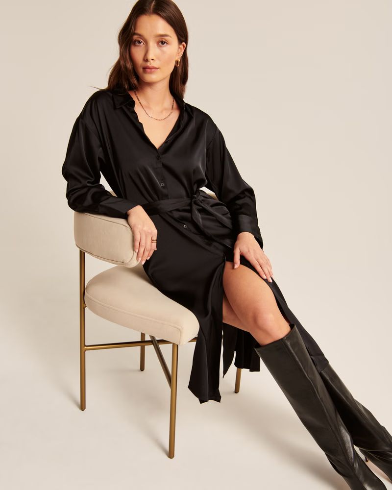 Women's Long-Sleeve Satin Midi Shirt Dress | Women's Dresses & Jumpsuits | Abercrombie.com | Abercrombie & Fitch (US)