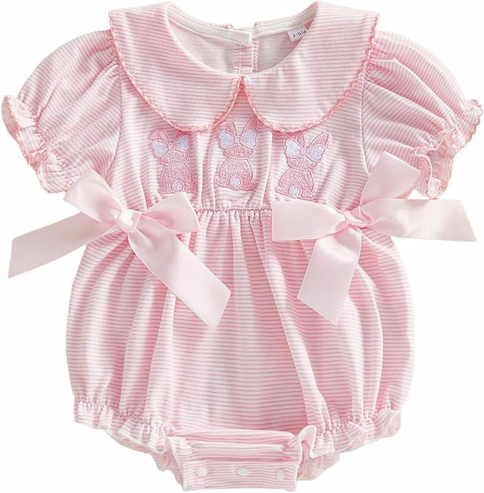 Adobabirl My First Easter Baby Girl Outfit Bunny Embroidery Bubble Romper Short Sleeve Bow Jumpsu... | Amazon (US)