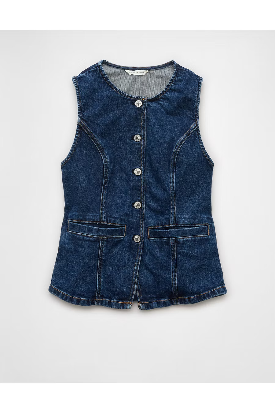 AE Crew Neck Button-Up Denim Vest Women's Dark Wash XXS | American Eagle Outfitters (US & CA)