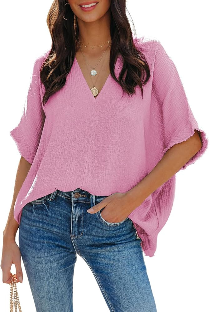 Dokotoo Casual Womens Short Sleeve V Neck Shirts Oversized Solid Blouses Tops | Amazon (US)