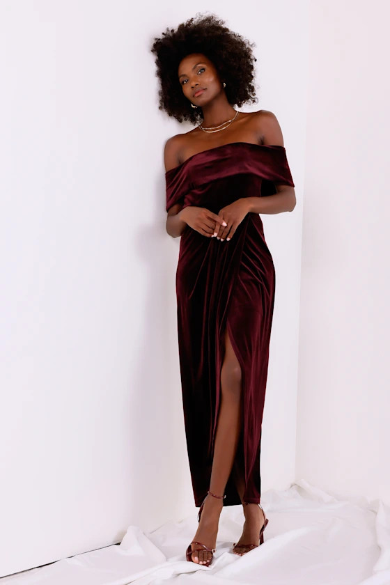 I'm Enchanted Burgundy Velvet Off-the-Shoulder Maxi Dress | Lulus