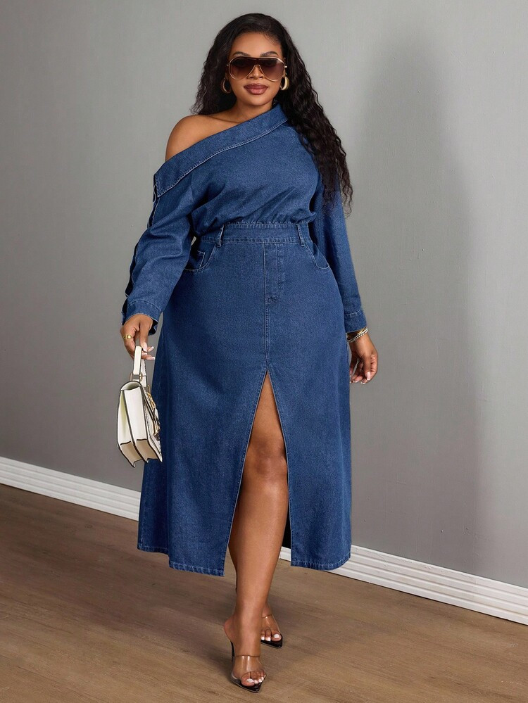 Slaydiva Winter Outfit Plus Size Sexy Asymmetric Neck Slit Denim Dress | SHEIN