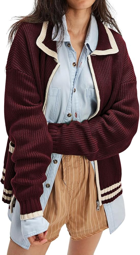 CHARTOU Casual Knit Zip Up Sweater for Women 2025 Fall Outfits Contrast Trim Open Front Cardigan ... | Amazon (US)