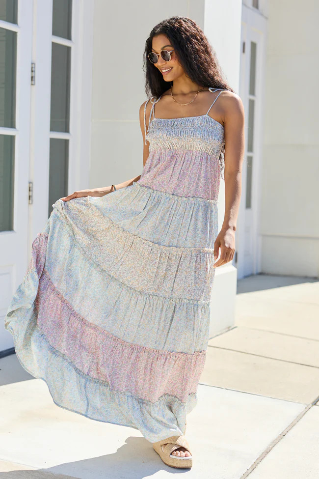 Essie Tiered Pastel Floral Tiered Maxi Dress | Pink Lily