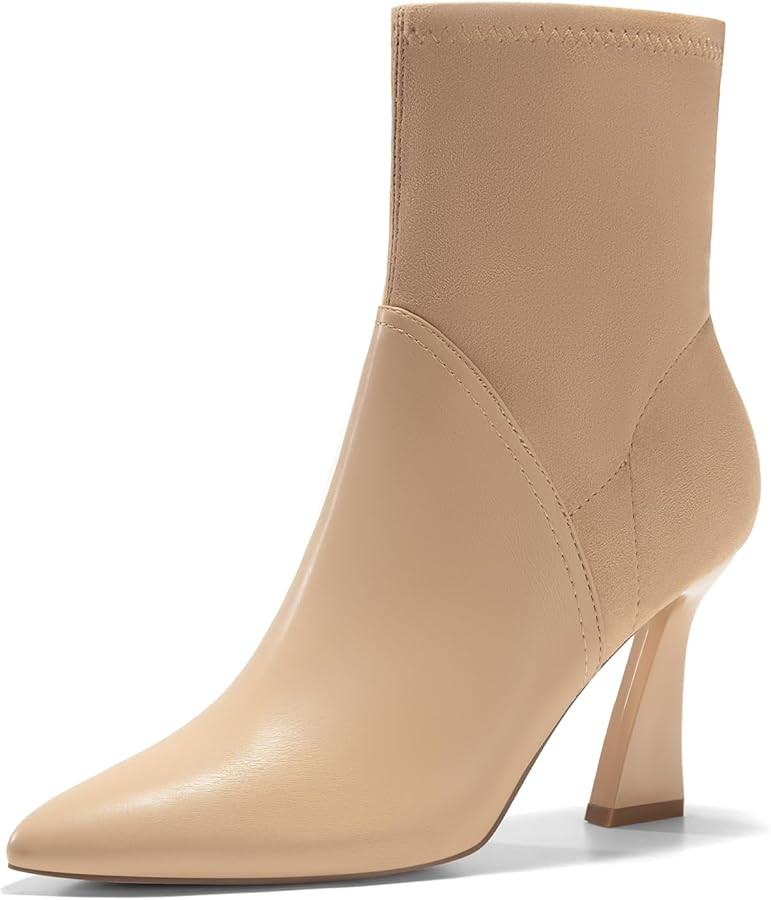 Coutgo Women's Pointed Toe High Heel Ankle Boots Patent Faux Leather Suede Splicing Slip On Fashi... | Amazon (US)