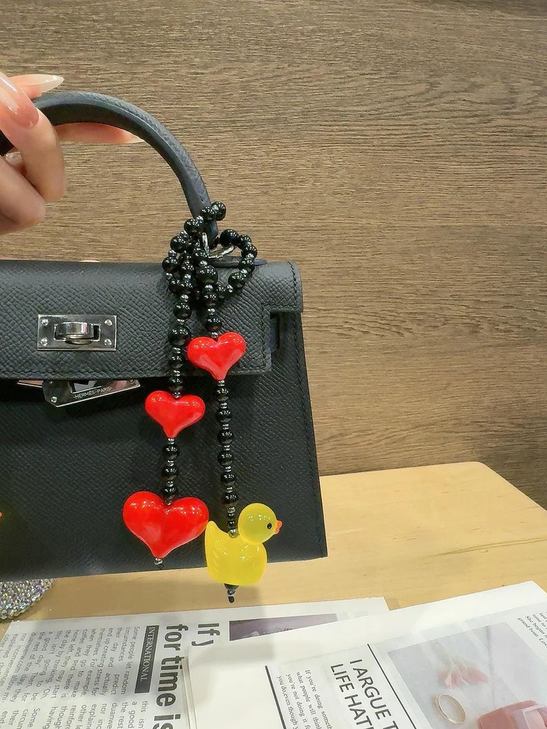 Adorable Rubber Duck Red Hearts Bag Charm, Playful Duck Minimalist Black Agate Stone and Bag Char... | Etsy (US)