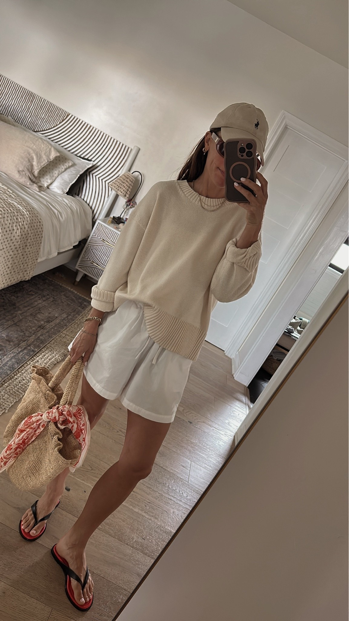 Today’s June gloom outfit 
For shorts, if between sizes size down 
I went up one size in sweater for a relaxed fit 
Sandals run a 1/2 size too big, I’m a 6.5 wearing a 6

#LTKOver40