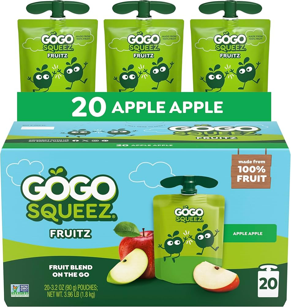 GoGo squeeZ Applesauce and Fruit Puree, Apple Apple, 3.2 oz (Pack of 20), Unsweetened Fruit Snack... | Amazon (US)