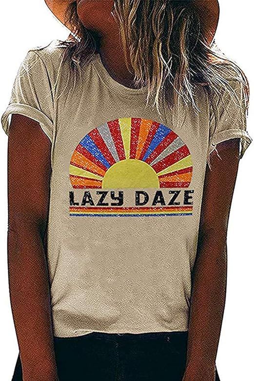 Lazy Daze Shirt Women Rainbow Graphic Tee Short Sleeve Letter Print Funny Tops | Amazon (US)