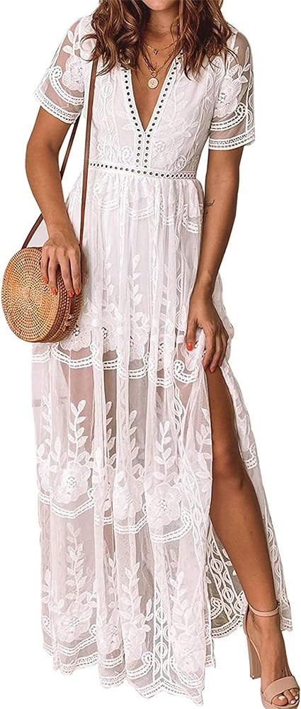 Womens V Neck Floral Embroidered Lace Wedding Maxi Dress Boho Short Sleeve Slit Bridesmaid Evenin... | Amazon (US)