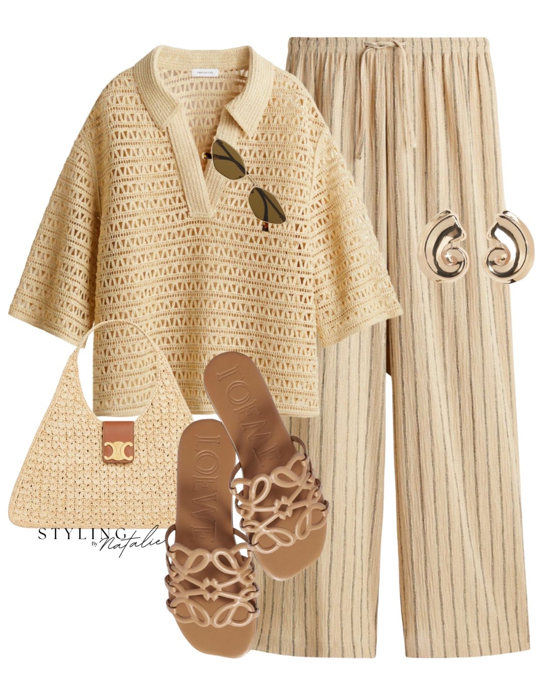 Summer holiday style- 
crochet style popover shirt, wide leg linen trousers with pinstripe’s, Loewe slides, Celine raffia bag. Gold earrings and Miu Miu sunglasses. Casual, summer outfit, vacation look, beach wear, everyday, resort wear. 

#LTKsummer #LTKeurope #LTKstyletip