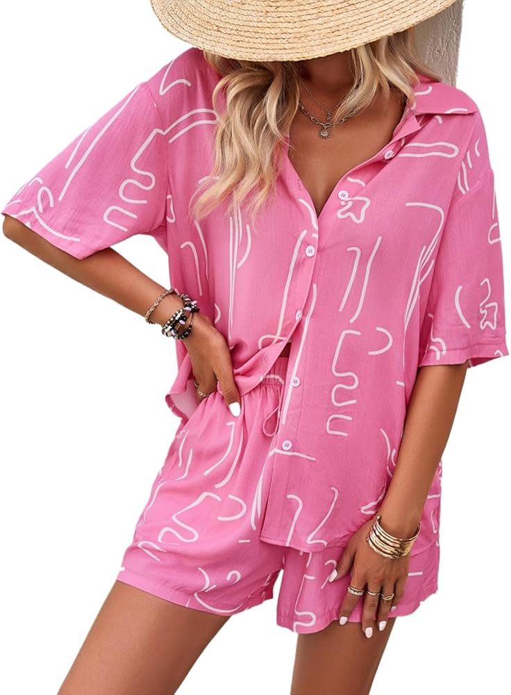 MINTLIMIT Women's 2 Piece Outfits Short Sleeve Button Down Shirt Printed Tops Lounge Shorts Summe... | Amazon (US)
