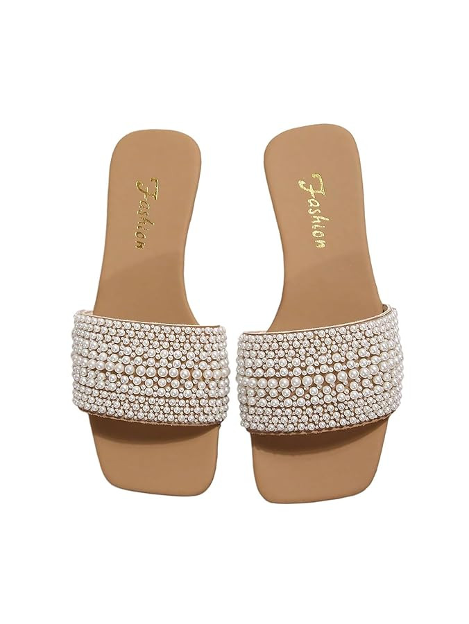 OYOANGLE Women's Pearl Decor Square Toe Sandals Leather Open Toe Flat Slip On Slides | Amazon (US)