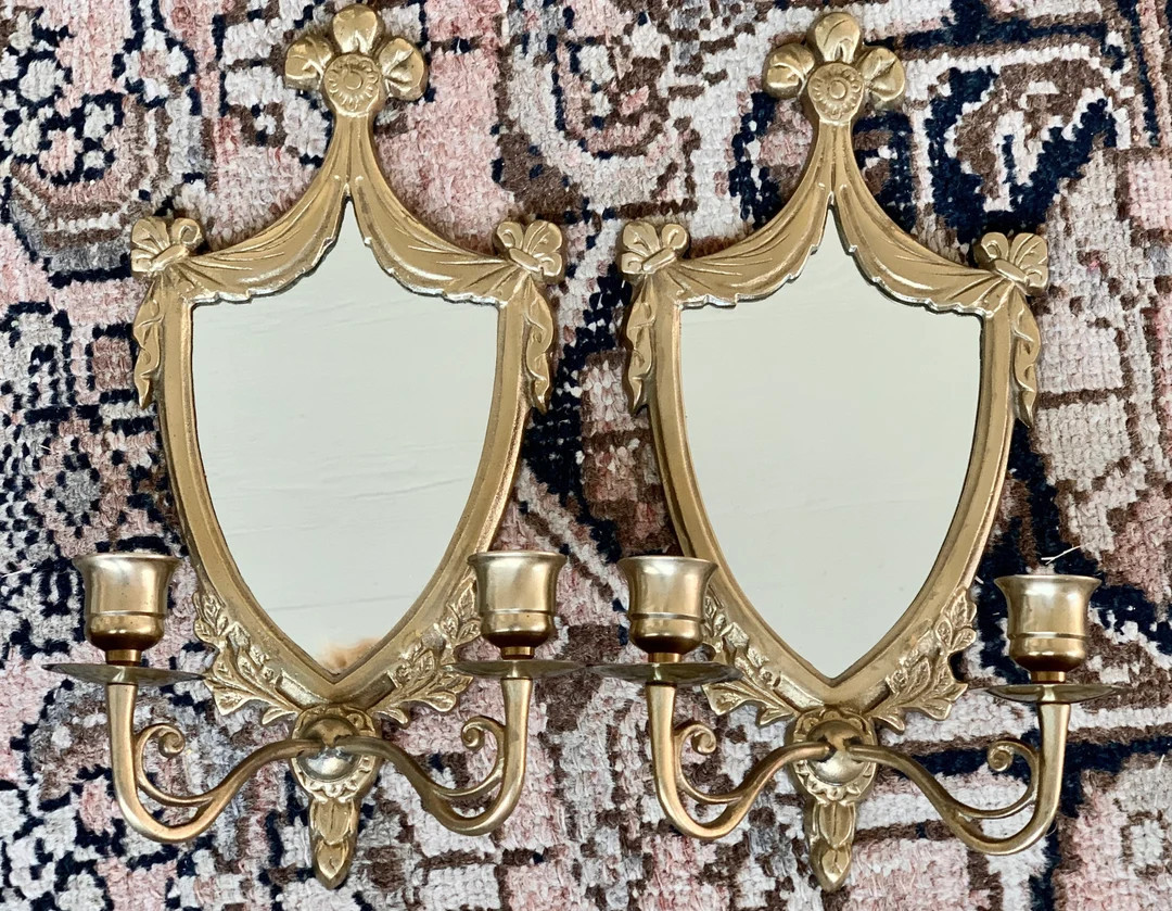 Vintage pair small mirror wall sconces fancy brass floral swag candle holder wall decor set 12.75... | Etsy (US)